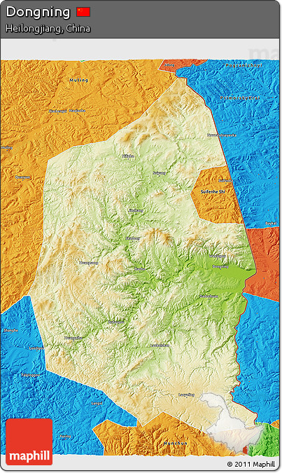 Physical 3D Map of Dongning, political outside