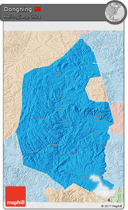 Political 3D Map of Dongning, lighten
