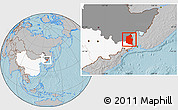Gray Location Map of Dongning, highlighted country, highlighted parent region, hill shading