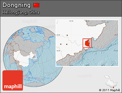 Gray Location Map of Dongning, highlighted country, hill shading