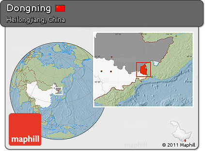 Savanna Style Location Map of Dongning, highlighted country, highlighted parent region, hill shading