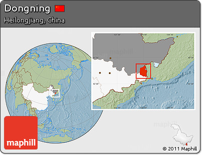 Savanna Style Location Map of Dongning, highlighted country, highlighted parent region, hill shading