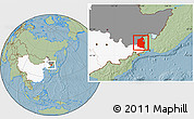 Savanna Style Location Map of Dongning, highlighted country, highlighted parent region, hill shading