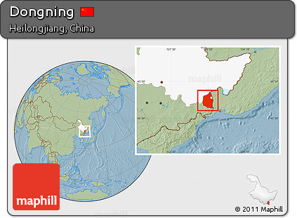 Savanna Style Location Map of Dongning, highlighted parent region, hill shading