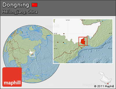 Savanna Style Location Map of Dongning, highlighted parent region, hill shading