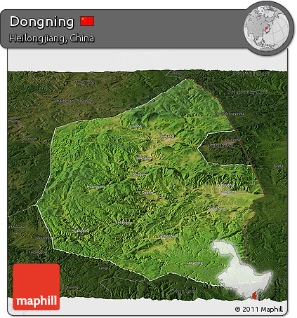 Satellite Panoramic Map of Dongning, darken