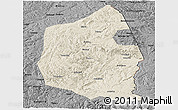 Shaded Relief Panoramic Map of Dongning, darken, desaturated