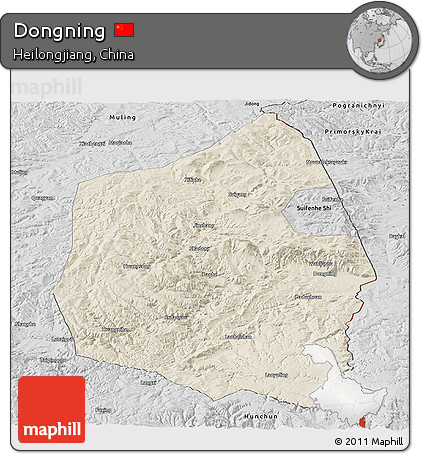 Shaded Relief Panoramic Map of Dongning, desaturated