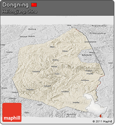 Shaded Relief Panoramic Map of Dongning, desaturated