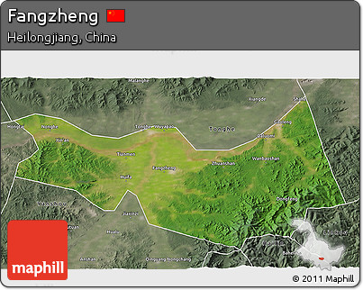 Satellite 3D Map of Fangzheng, semi-desaturated