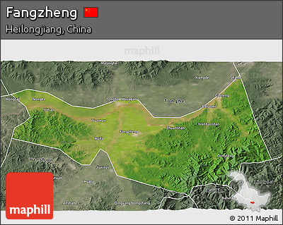Satellite 3D Map of Fangzheng, semi-desaturated