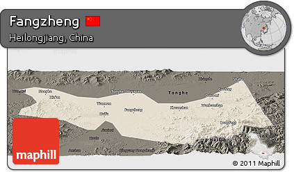 Shaded Relief Panoramic Map of Fangzheng, darken