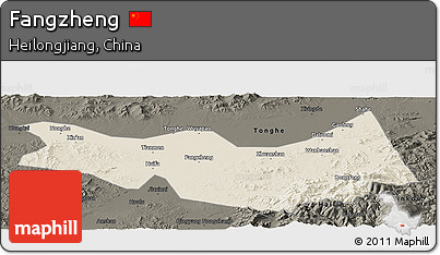 Shaded Relief Panoramic Map of Fangzheng, darken