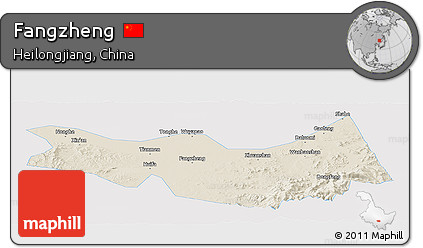 Shaded Relief Panoramic Map of Fangzheng, single color outside