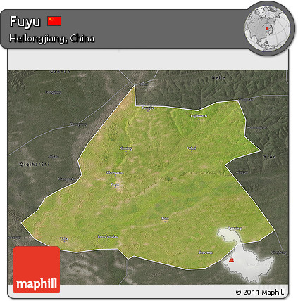 Satellite 3D Map of Fuyu, darken, semi-desaturated