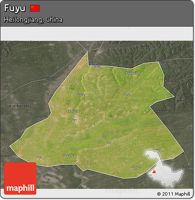 Satellite 3D Map of Fuyu, darken, semi-desaturated