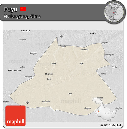 Shaded Relief 3D Map of Fuyu, desaturated