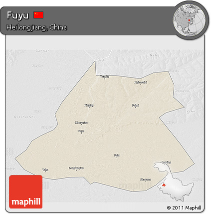 Shaded Relief 3D Map of Fuyu, lighten, desaturated