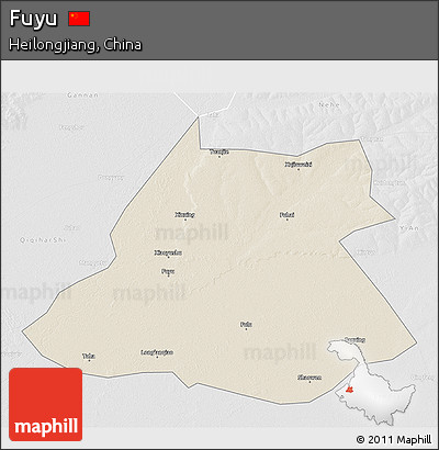 Shaded Relief 3D Map of Fuyu, lighten, desaturated