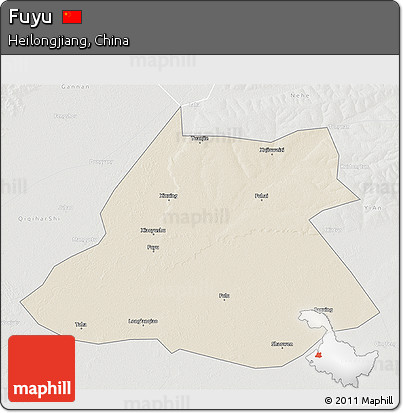 Shaded Relief 3D Map of Fuyu, lighten, semi-desaturated