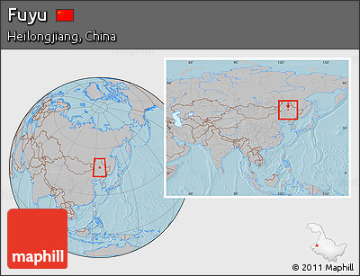 Gray Location Map of Fuyu, within the entire country, hill shading