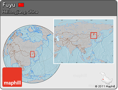 Gray Location Map of Fuyu, within the entire country, hill shading
