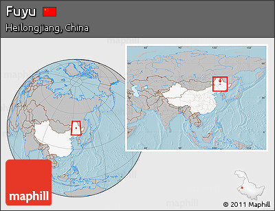 Gray Location Map of Fuyu, highlighted country, within the entire country, hill shading
