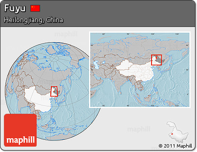 Gray Location Map of Fuyu, highlighted country, highlighted parent region, within the entire country, hill shading