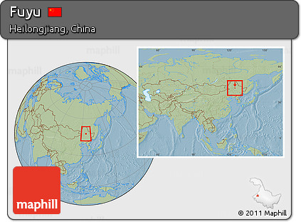 Savanna Style Location Map of Fuyu, within the entire country, hill shading