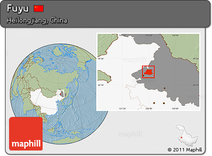 Savanna Style Location Map of Fuyu, highlighted country, highlighted parent region, hill shading