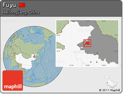 Savanna Style Location Map of Fuyu, highlighted country, highlighted parent region, hill shading