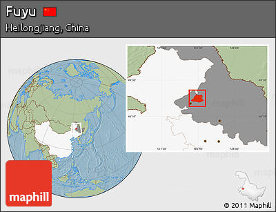 Savanna Style Location Map of Fuyu, highlighted country, highlighted parent region, hill shading