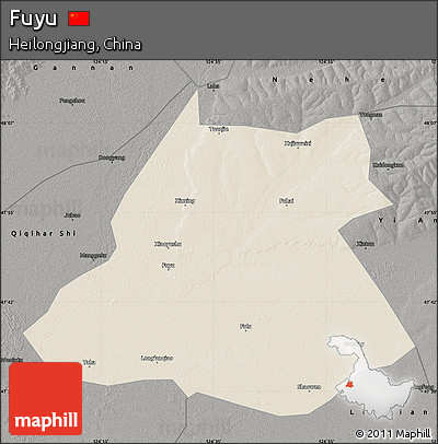 Shaded Relief Map of Fuyu, darken, semi-desaturated