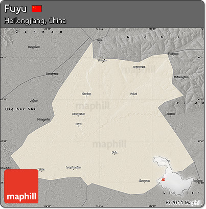 Shaded Relief Map of Fuyu, darken, semi-desaturated