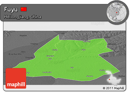 Political Panoramic Map of Fuyu, darken, desaturated