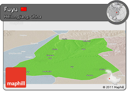 Political Panoramic Map of Fuyu, lighten, semi-desaturated