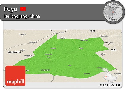 Political Panoramic Map of Fuyu, shaded relief outside