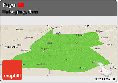 Political Panoramic Map of Fuyu, shaded relief outside