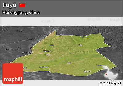 Satellite Panoramic Map of Fuyu, darken, desaturated