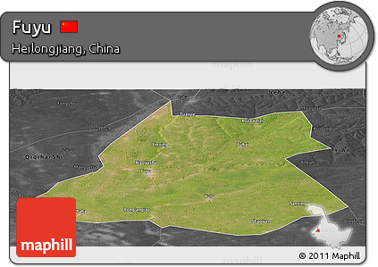Satellite Panoramic Map of Fuyu, darken, desaturated