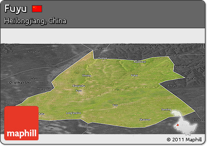 Satellite Panoramic Map of Fuyu, darken, desaturated