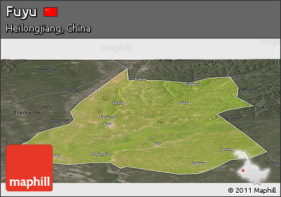 Satellite Panoramic Map of Fuyu, darken, semi-desaturated