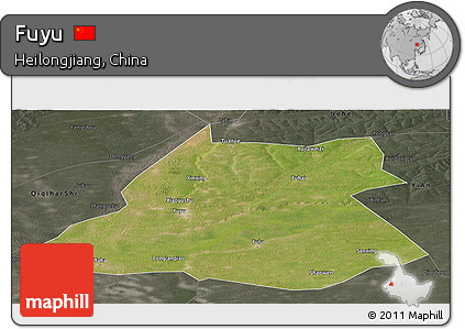 Satellite Panoramic Map of Fuyu, darken, semi-desaturated