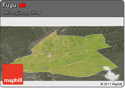 Satellite Panoramic Map of Fuyu, darken, semi-desaturated