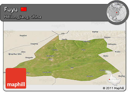 Satellite Panoramic Map of Fuyu, shaded relief outside
