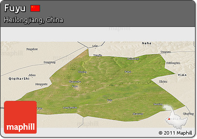 Satellite Panoramic Map of Fuyu, shaded relief outside
