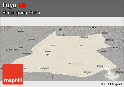Shaded Relief Panoramic Map of Fuyu, darken, semi-desaturated