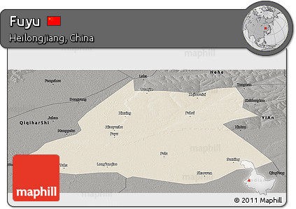 Shaded Relief Panoramic Map of Fuyu, darken, semi-desaturated