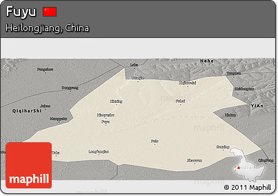 Shaded Relief Panoramic Map of Fuyu, darken, semi-desaturated