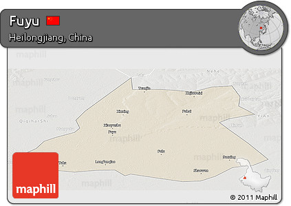 Shaded Relief Panoramic Map of Fuyu, lighten, semi-desaturated